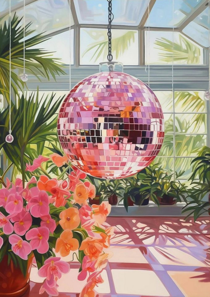 TPFLiving Kunstdruck (OHNE RAHMEN) Poster - Leinwand - Wandbild, Retro Trendy Obst Disco Ball Orange Spiegelkugel Kreative Leinwand (Leinwandbild XXL), Farben: Rot, Rosa, Gelb, Orange, Grün, Blau - Größe: 30x42cm von TPFLiving