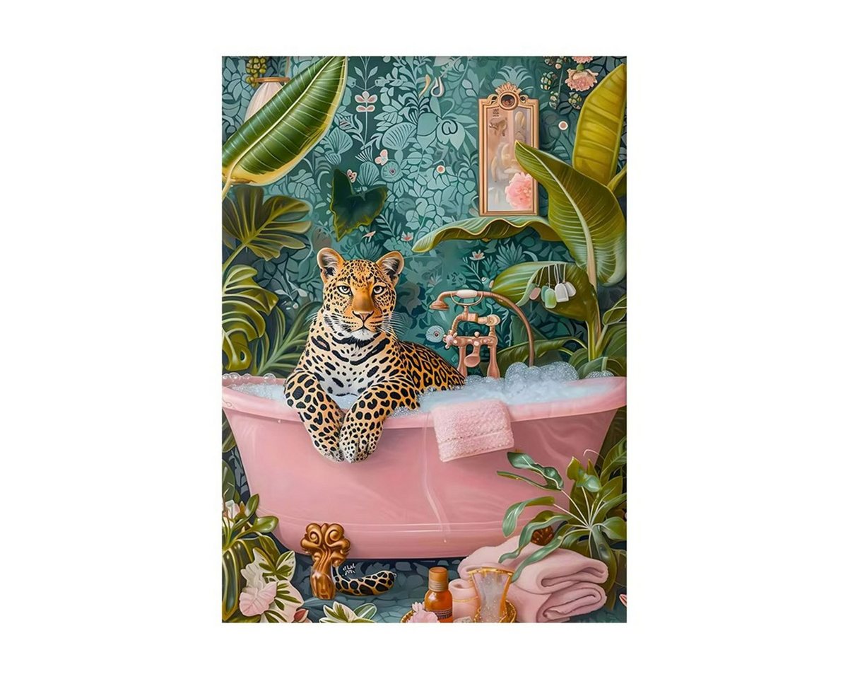 TPFLiving Kunstdruck (OHNE RAHMEN) Poster - Leinwand - Wandbild, Rosa Thema Katze Gepard in einem rosa Badezimmer Mädchen Leinwand (Leinwandbild XXL), Farben: Rosa, Schwarz, Blau, Gelb, Grün, Weiß - Größe: 50x70cm von TPFLiving