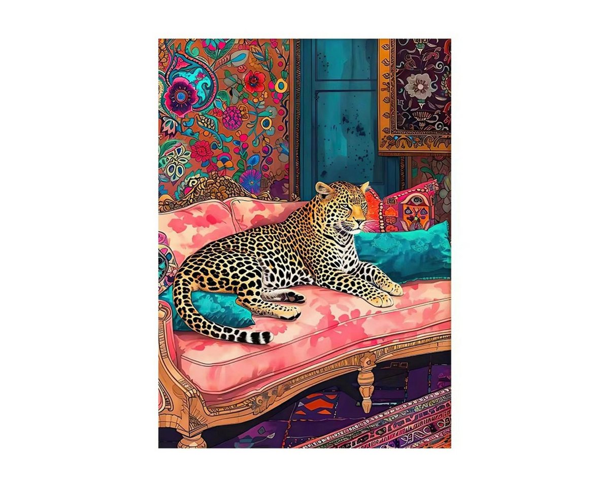 TPFLiving Kunstdruck (OHNE RAHMEN) Poster - Leinwand - Wandbild, Rosa Thema Katze Gepard in einem rosa Badezimmer Mädchen Leinwand (Leinwandbild XXL), Farben: Rosa, Schwarz, Blau, Gelb, Grün, Weiß - Größe: 20x25cm von TPFLiving