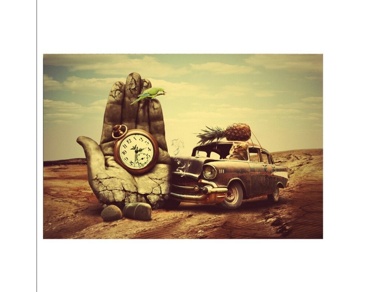 TPFLiving Kunstdruck (OHNE RAHMEN) Poster - Leinwand - Wandbild, Salvador Dali - Hand Uhr Auto Ananas - (Motiv in verschiedenen Größen), Farben: Beige, Braun - Größe: 50x75cm von TPFLiving