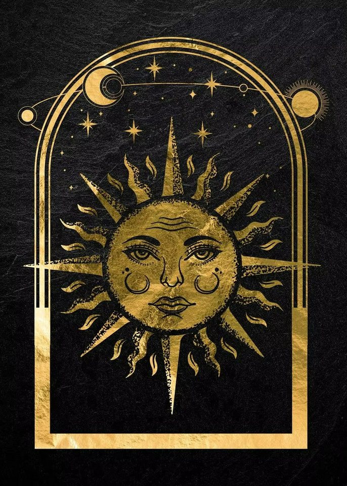 TPFLiving Kunstdruck (OHNE RAHMEN) Poster - Leinwand - Wandbild, Schwarzgold mystisches Tarot Sonne Mond Zauberkugel Poster Leinwand (Leinwandbild XXL), Farben: Schwarz, Gelb, Braun - Größe: 20x30cm von TPFLiving