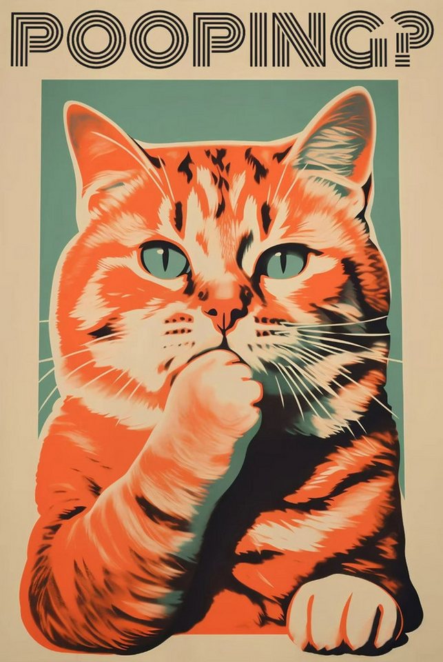 TPFLiving Kunstdruck (OHNE RAHMEN) Poster - Leinwand - Wandbild, Sind Sie kackend Badezimmer Zeichen lustige Katze Zitate Leinwand (Leinwandbild XXL), Farben: Orange, Braun, Schwarz, Weiß, Blau - Größe: 50x70cm von TPFLiving