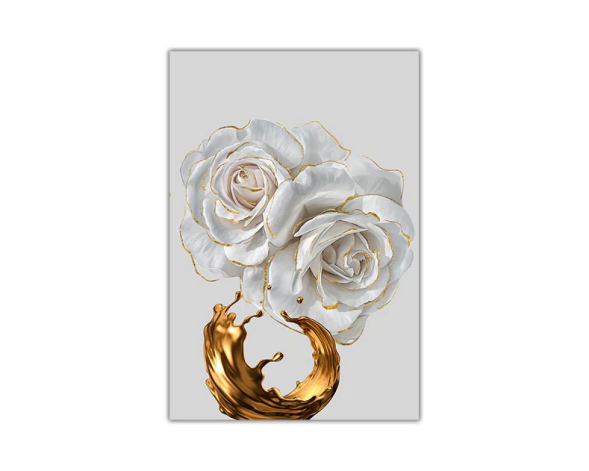 TPFLiving Kunstdruck (OHNE RAHMEN) Poster - Leinwand - Wandbild, Weiße Rose mit goldenem Blatt - (3 Motive und in 19 Größen zur Auswahl - Günstiges 3-er Set), Farben: Gold, Weiß - Größe: 40x60cm von TPFLiving