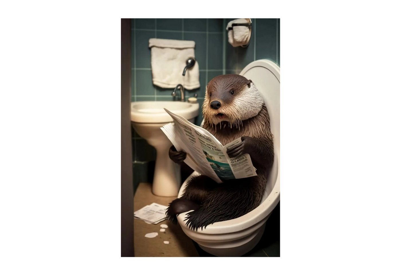 TPFLiving Kunstdruck OHNE RAHMEN, Lustige Tiere im Badezimmer mit Charme - (Leinwandbild XXL), Farben: Colors: Brown, White, BlackGröße: 50x70cm von TPFLiving