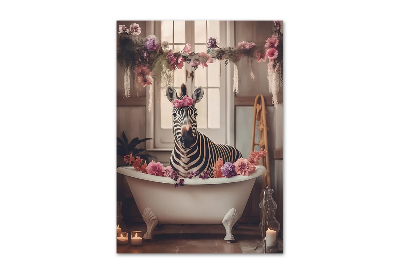 TPFLiving Kunstdruck OHNE RAHMEN, Lustiges Badezimmer - Zebra, Katze, Hund, Eule, Schwein - (Leinwandbild XXL), Farben: Farben: Braun, Beige, grau - Größe: 40x60cm von TPFLiving