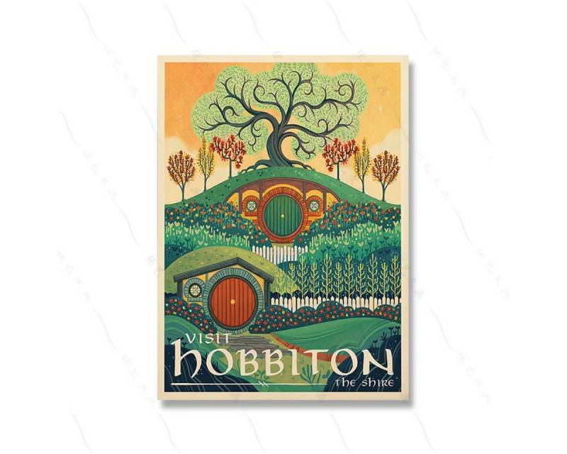TPFLiving Kunstdruck (OHNE RAHMEN) Poster - Leinwand - Wandbild, Das Schloss und die Orte des Films „Herr der Ringe“ auf Leinwand (Leinwandbild XXL), Farben: Grün, Gelb, Rot, Blau, Orange, Schwarz -Größe: 20x25cm von TPFLiving