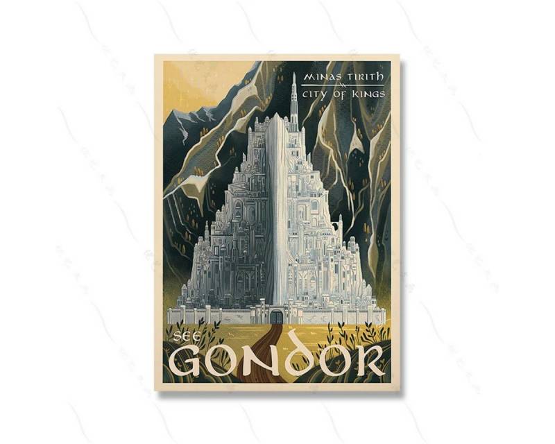 TPFLiving Kunstdruck (OHNE RAHMEN) Poster - Leinwand - Wandbild, Das Schloss und die Orte des Films „Herr der Ringe“ auf Leinwand (Leinwandbild XXL), Farben: Grün, Gelb, Rot, Blau, Orange, Schwarz -Größe: 20x25cm von TPFLiving