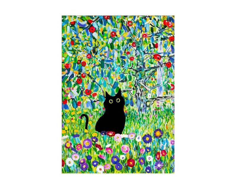 TPFLiving Kunstdruck (OHNE RAHMEN) Poster - Leinwand - Wandbild, Entzückende schwarze Katze & schöne Blumen Leinwandgemälde (Leinwandbild XXL), Farben: Schwarz, Gelb, Blau, Rot, Orange -Größe: 50x75cm von TPFLiving