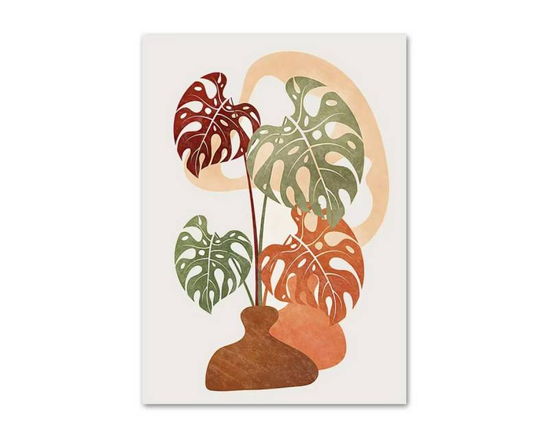 TPFLiving Kunstdruck (OHNE RAHMEN) Poster - Leinwand - Wandbild, Boho Monstera Blatt Terrakotta Vase Abstrakte Wandkunst Leinwand (Leinwandbild XXL), Farben: Braun, Grün, Weiß, Orange, Schwarz -Größe: 30x42cm von TPFLiving
