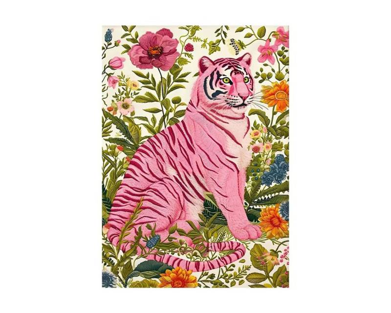 TPFLiving Kunstdruck (OHNE RAHMEN) Poster - Leinwand - Wandbild, Rosa Thema Katze Gepard in einem rosa Badezimmer Mädchen Leinwand (Leinwandbild XXL), Farben: Rosa, Schwarz, Blau, Gelb, Grün, Weiß - Größe: 13x18cm von TPFLiving