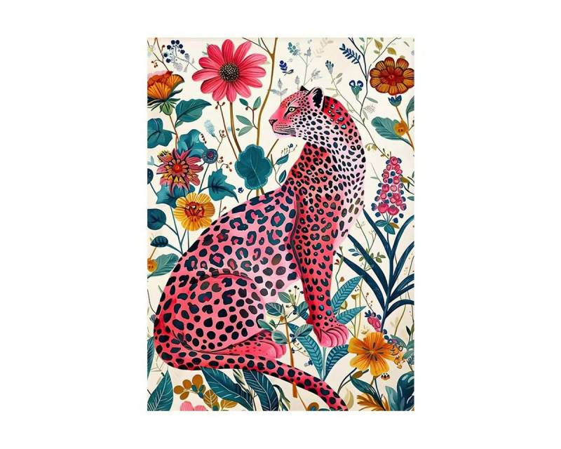 TPFLiving Kunstdruck (OHNE RAHMEN) Poster - Leinwand - Wandbild, Rosa Thema Katze Gepard in einem rosa Badezimmer Mädchen Leinwand (Leinwandbild XXL), Farben: Rosa, Schwarz, Blau, Gelb, Grün, Weiß - Größe: 40x60cm von TPFLiving