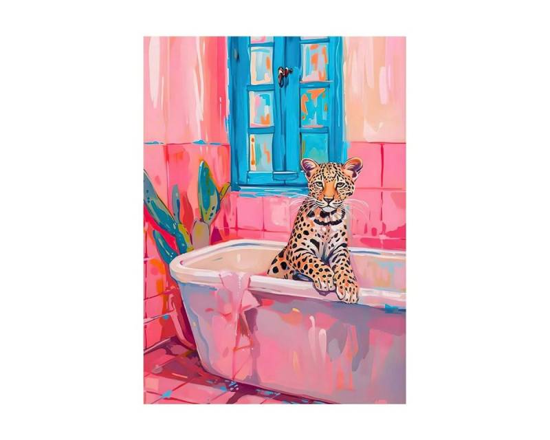 TPFLiving Kunstdruck (OHNE RAHMEN) Poster - Leinwand - Wandbild, Rosa Thema Katze Gepard in einem rosa Badezimmer Mädchen Leinwand (Leinwandbild XXL), Farben: Rosa, Schwarz, Blau, Gelb, Grün, Weiß - Größe: 21x30cm von TPFLiving