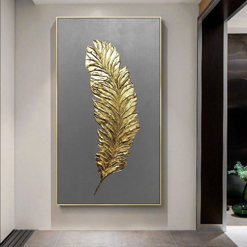 TPFLiving Leinwandbild Kunstdruck - Nordic Art Goldene Feder auf blauem oder grauem Hintergrund - OHNE Rahmen - Bilder Wohnzimmer - Modell TPFL-LW-68-MB - 30x60cm von TPFLiving
