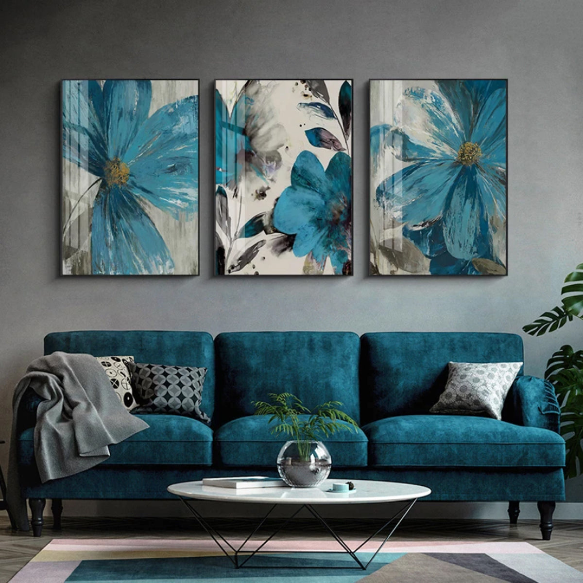 TPFLiving Luxus Poster Leinwand / Blumen in Blau / 3 Motive in 17 verschiedene Größen - OHNE Rahmen - Modell TPFL-LW-36-M3PCS Set - 21x30cm von TPFLiving