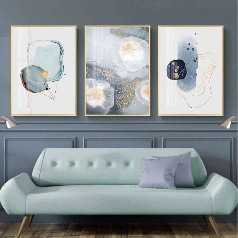 TPFLiving Luxus Poster Leinwand - Abstrakte Formen - Weiß, Blau, Gelb, Gold, Grau - 15 verschiedene Größen - Günstiges 3-er Set OHNE Rahmen - SET - 13x18cm von TPFLiving