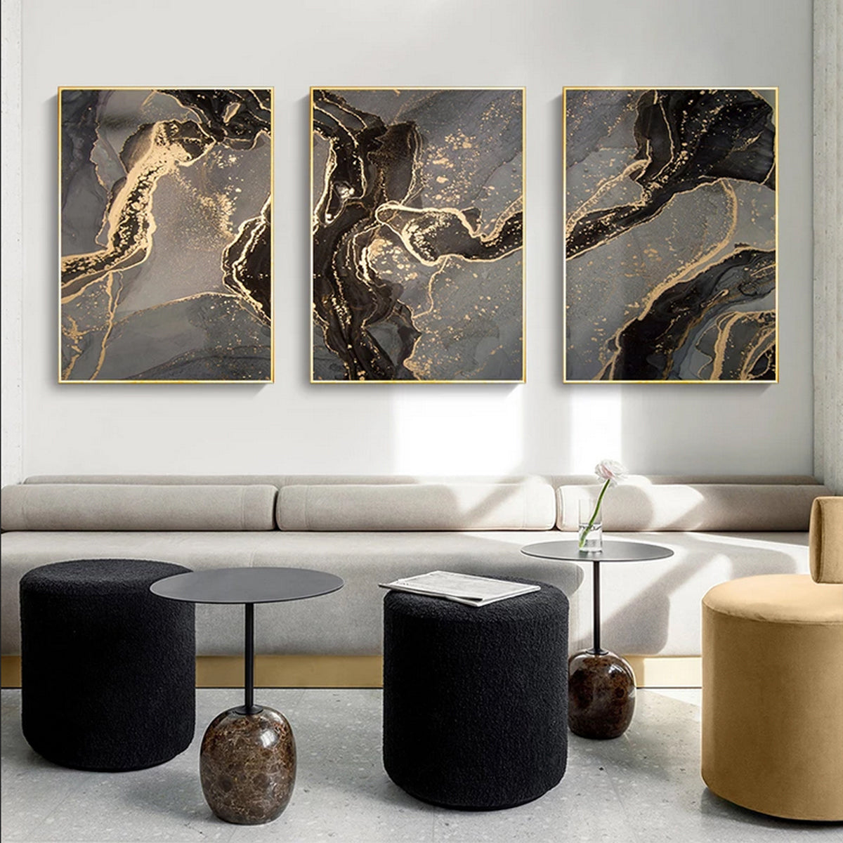 TPFLiving Luxus Poster Leinwand - Abstrakte Strukturen in Gold, Schwarz und Grau - 14 verschiedene Größen - Günstiges 3-er Set OHNE Rahmen - SET - 60x80cm von TPFLiving