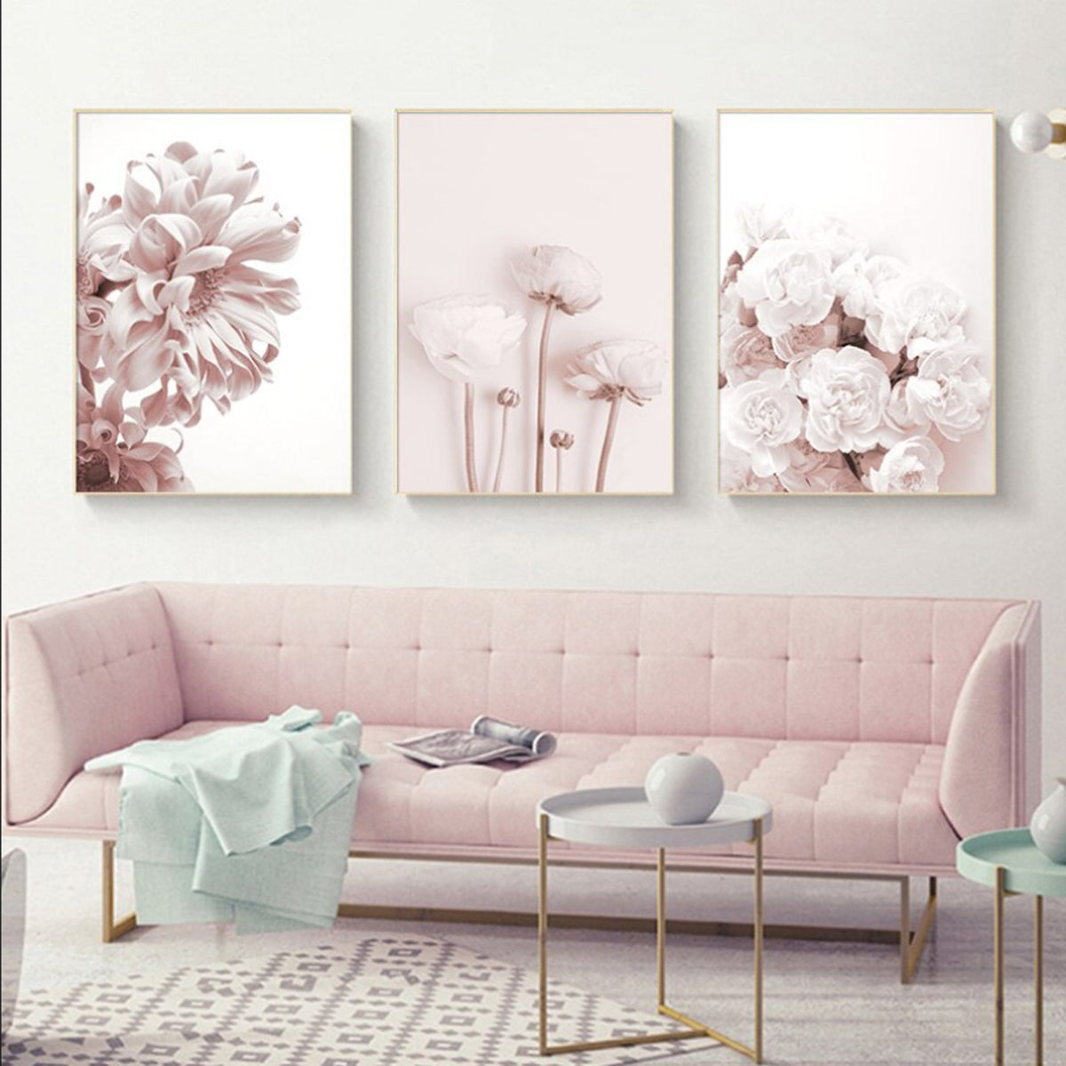 TPFLiving Luxus Poster Leinwand - Rosa Blumen und Blüten - Hintergrund Pink und Weiß - 13 verschiedene Größen - Günstiges 3-er Set OHNE Rahmen - SET - 25x35cm von TPFLiving