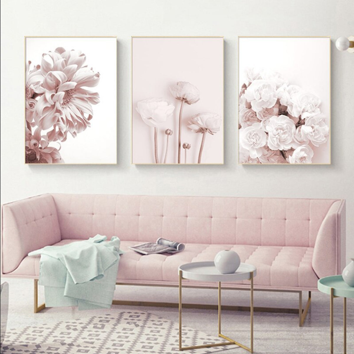 TPFLiving Luxus Poster Leinwand - Rosa Blumen und Blüten - Hintergrund Pink und Weiß - 13 verschiedene Größen - Günstiges 3-er Set OHNE Rahmen - SET - 40x50cm von TPFLiving