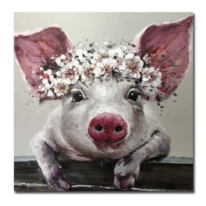 TPFLiving Poster Leinwand / Nettes Schwein mit Blumen auf dem Kopf / Verschiedene Größen - OHNE Rahmen - Modell JB965 - 70x70cm von TPFLiving