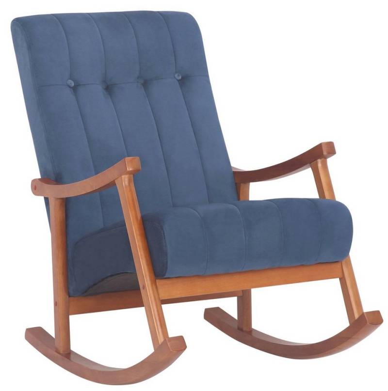 TPFLiving Schaukelstuhl Sarti mit hochwertig gepolsterter Sitzfläche (Schwingstuhl - Relaxstuhl - Relaxsessel - Lehnstuhl), Gestell: Kautschukholz Walnuss - Sitzfläche: Samt walnuss/blau von TPFLiving