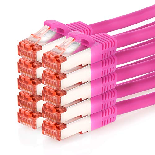 TPFNet 10er Pack CAT.6 hochwertiges Premium Netzwerkkabel mit RJ45 Anschluss | LAN Kabel | 1m | magenta |mehrfache Abschirmung durch S/FTP | kompatibel mit Router, Modem, Switch von TPFNet