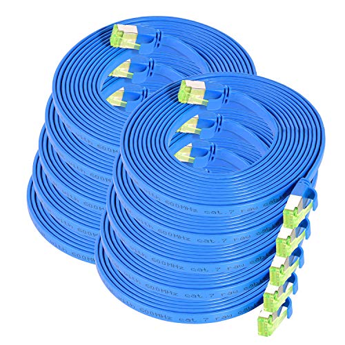 TPFNet 10er Pack CAT.7 hochwertiges Premium Netzwerkkabel flach mit RJ45 Anschluss | LAN Kabel | 7,5m | blau |Abschirmung durch U/FTP | kompatibel mit Router, Modem, Switch von TPFNet