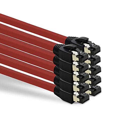 TPFNet 10er Pack CAT.8 hochwertiges Premium Netzwerkkabel flach mit RJ45 Anschluss | LAN Kabel | 2m | rot |mehrfache Abschirmung durch S/FTP | kompatibel mit Router, Modem, Switch von TPFNet