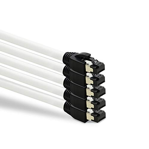 TPFNet 5er Pack CAT.8 hochwertiges Premium Netzwerkkabel flach mit RJ45 Anschluss | LAN Kabel | 2m | weiß |mehrfache Abschirmung durch S/FTP | kompatibel mit Router, Modem, Switch von TPFNet