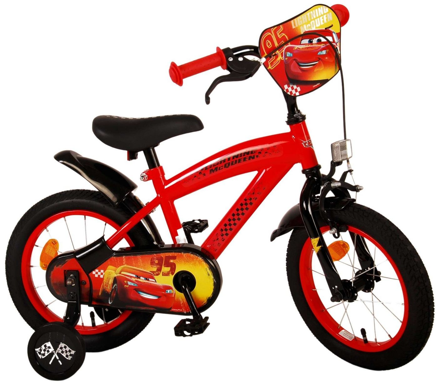 TPFSports Kinderfahrrad Disney Cars 14 Zoll, 1 Gang, (Jungs Fahrrad - Rutschfeste Sicherheitsgriffe), Kinder Fahrrad 14 Zoll mit Stützrädern - Rot von TPFSports