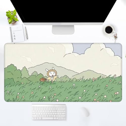 Weißes wolkengrünes Grasland-Mauspad Niedliches Cartoon-Blumen-großes Mauspad Natürlicher Landschaft Gaming-Schreibtischunterlagen XXL-Kawaii-Büro-Mauspads(Size:70x30cm) von TPLLPK