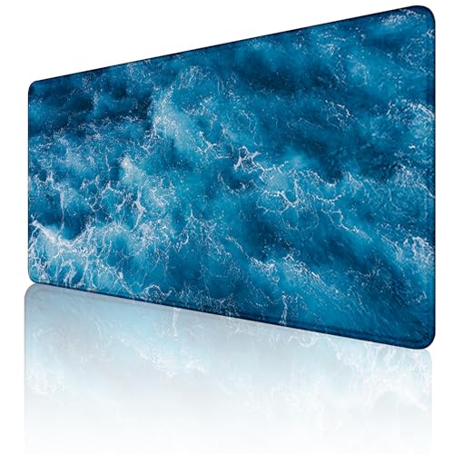 XXL großes Gaming-Mauspad Ozean-Sturm-blaue Wellen Mauspad Tiefsee Rechteckige Schreibtischunterlagen Rutschfeste Gummi-Tastatur-Mausmatte mit genähten Kanten(Size:60x30cm) von TPLLPK