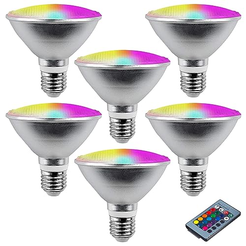 TPMAFF 6er-Pack PAR30-Flutlicht-Glühbirne, 20 Watt, LED/COB, dimmbar, RGB-Farbwechsel, Strahler-Glühbirne, mit Fernbedienung, 85–265 V Wechselstrom, IP65, E27-Sockel, Par30-Kurzhals-LED-Glühbirne von TPMAFF