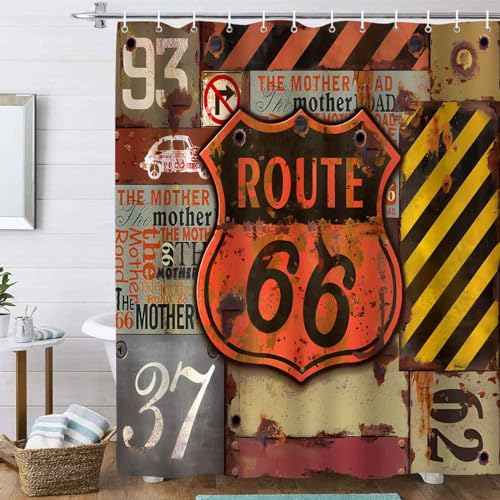 TPMDFC Route 66 Duschvorhang für Badezimmer, Retro-Route 66 American Road Sign Highway Duschvorhang-Sets mit 12 Haken, 182,9 x 182,9 cm, YLDWTP0213 von TPMDFC