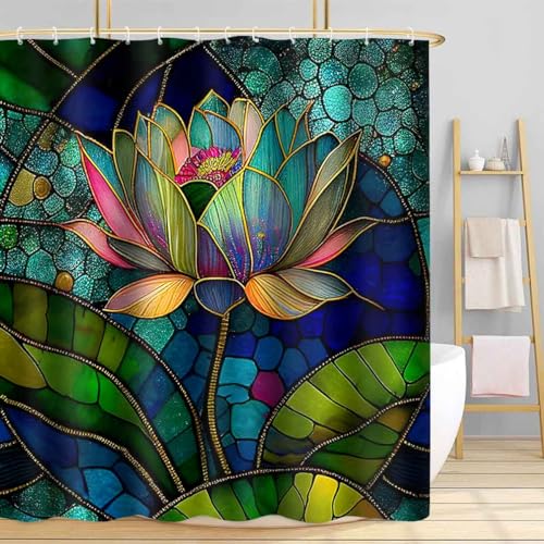 TPMDFC YLDWTP0456 Buntglas-Duschvorhang, buntes Vintage-Glas, Lotusblumen, Badezimmer-Duschvorhänge, Dekor-Set mit 10 Haken, 152,4 x 182,9 cm von TPMDFC