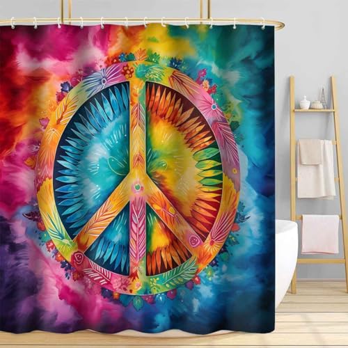 TPMDFC YLDWTP0588 Duschvorhang mit Friedenszeichen, Polyester, buntes Aquarell-Batik, Hippie-Peace-Zeichen, Badezimmer-Duschvorhang, Deko-Set mit 12 Haken von TPMDFC