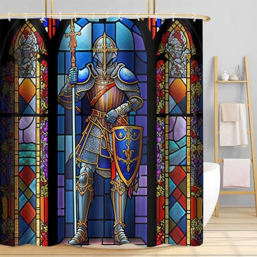 TPMDFC YLOKTP0834 Mittelalterlicher Duschvorhang, Polyester, mittelalterlicher Ritter, Buntglas, Badezimmer-Duschvorhänge, Dekor-Set mit 12 Haken von TPMDFC