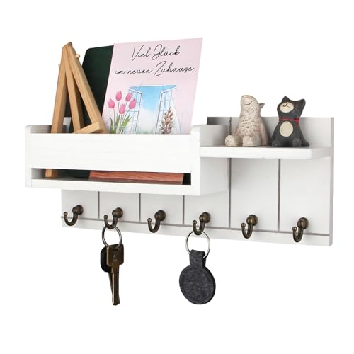 TPTGIAR Schlüsselbrett mit Ablage, Schlüsselbrett Holz mit Regal Enthält Briefhalter und 6 Haken, Dekoratives Schlüsselboard für Wohnzimmer Küche Büro Flur Schlafzimmer (Weiß) von TPTGIAR