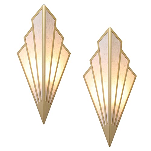 TPWEWRX Moderne Wandleuchten Innen Kreative Wandleuchte in Fächerform Leuchten Art Deco Wandlampe Leinenschirm Wandleuchte für Wohnzimmer Schlafzimmer Flur Gang E14 (2pcs Gold) von TPWEWRX