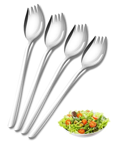 TPZORJX Sporks,4 Stück Edelstahl Spork Göffel, Lang Salatlöffel 2 In 1 Abendessen Gabel Suppenlöffel Salatgabel Nudellöffel, Multifunktion Löffel und Gabel für Camping zu Hause oder auf Reisen von TPZORJX