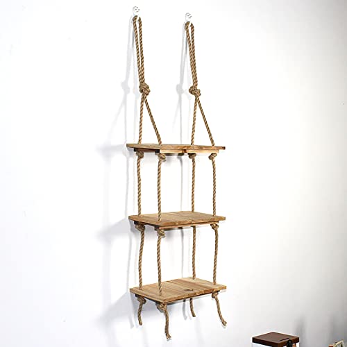 Hängendes Schweberegal, rustikales Hängeregal aus Holz, Wanddekoration, Schaukelseil, schwimmende Schicht for Wohnzimmer, rustikales Regal, 3-lagiges schwebendes Regal aus Holz mit Schnurseil(W) von TQVLNMCR