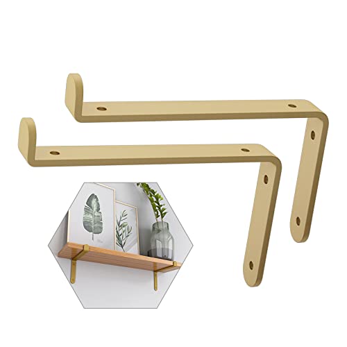 TQVLNMCR 2X Regalhalterungen Golden, L-förmige Wandregalhalterung mit Lippe, dekorative schwebende Regalstützen, 90-Grad-Winkelhalterung, for Holz-/Glasmöbel(10x8cm/3.9 * 3.1in) von TQVLNMCR