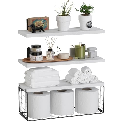 TQVLNMCR Modernes weißes Badezimmerregal zur Wandmontage mit Drahtkorb über der Toilette, schwebendes Regal for Wanddekoration, platzsparende Aufbewahrungslösung TQVLNMCR Modernes weißes Badezimmerregal zur Wandmontage mit Drahtkorb über der Toilette, schwebendes Regal for Wanddekoration, platzsparende Aufbewahrungslösung von TQVLNMCR