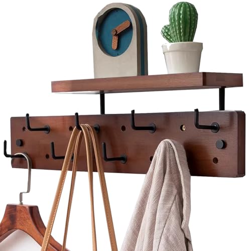TQVLNMCR Wandgarderobe aus Holz mit Ablage – rustikale Haken for Aufhängen, schwebendes Regal im Eingangsbereich for Badezimmer oder Schlafzimmer(/Walnut,8 Hooks) von TQVLNMCR