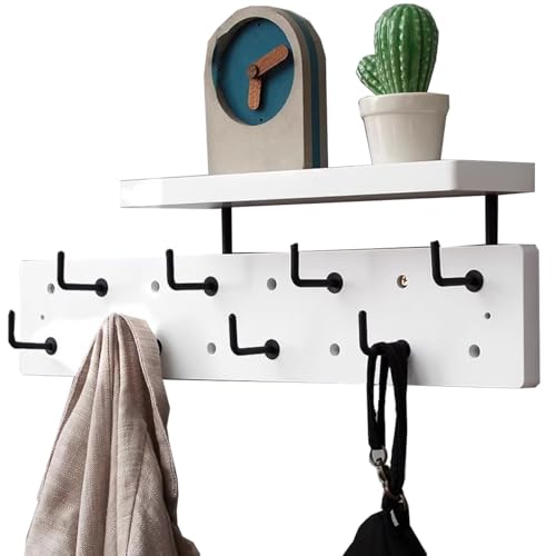 TQVLNMCR Wandgarderobe aus Holz mit Ablage – rustikale Haken for Aufhängen, schwebendes Regal im Eingangsbereich for Badezimmer oder Schlafzimmer(/White,8 Hooks) von TQVLNMCR