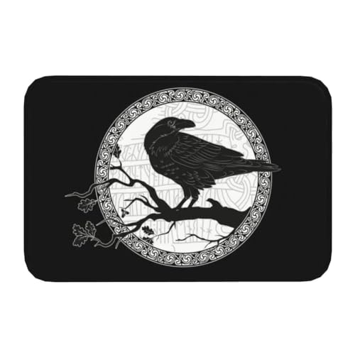 Nordic Viking Crow Bedruckter Teppich - Vintage Odin Raben Tier Flanell Teppich - Mittelalterliche Mode Rutschfest Schnell Trocknen Leichte Schlafzimmermatten Wohnkultur ( Color : Black , Size : 50CMx von TQWSVUM