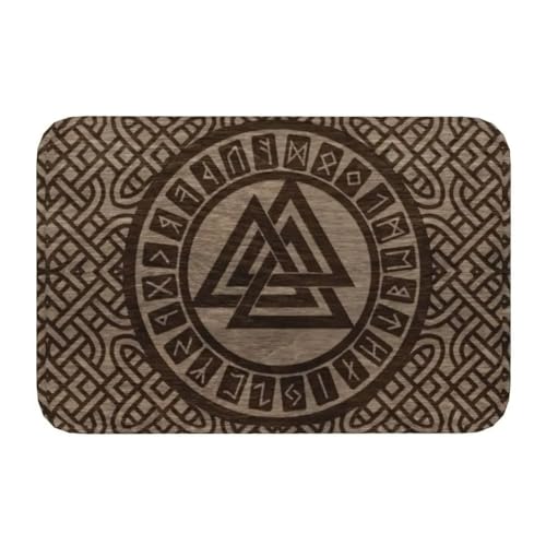 Viking Valknut Bedruckter Badezimmerteppich - Nordischer Keltischer Knoten Odin Dreieck Symbol Vintage Flanell Teppich - Weiche Faltbare Waschbare Badematten Home Decor (Color : Brown, Size : 50CMx1 von TQWSVUM