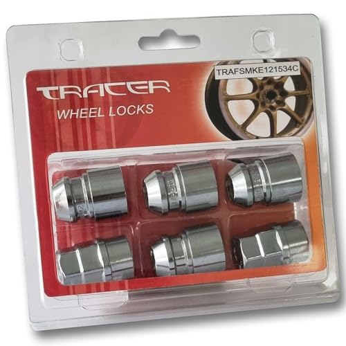 TRACER Felgenschloßmuttern schwarz M12x1.5 - Kegelbund 60° - Länge 34mm Schlüsselweite 19/21 mit 2x Schlüssel kompatibel mit Ford, Chrysler, Toyota, Hyundai, KIA, Honda, Mazda (chrom) von TRACER