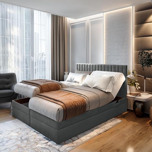 TRADA ADÈLE Bett für Erwachsene Set Matratze + Lattenrost - Elektrische Entspannung mit Tonnentaschenfederkernmatratze Lagerung und Topper aus Samt Stoff (Dunkelgrau, 160 x 200 cm) von TRADA