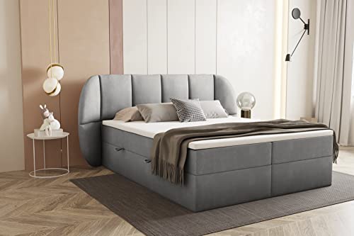 TRADA Bilbao Boxspringbett mit Bettkästen H3 Pocket Matratze Kopfteil mit Dekorative Ohren (Grau, 160 x 200 cm) von TRADA