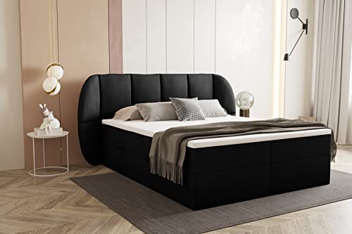 TRADA Bilbao Boxspringbett mit Bettkästen H3 Pocket Matratze Kopfteil mit Dekorative Ohren (Schwarz, 140 x 200 cm) von TRADA